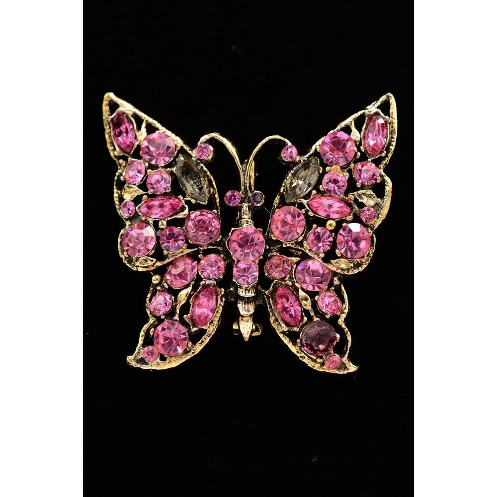 Vintage Butterfly Pin Brooch Pink Rhinestone Crystal Gold Tone Chunky Bin5A